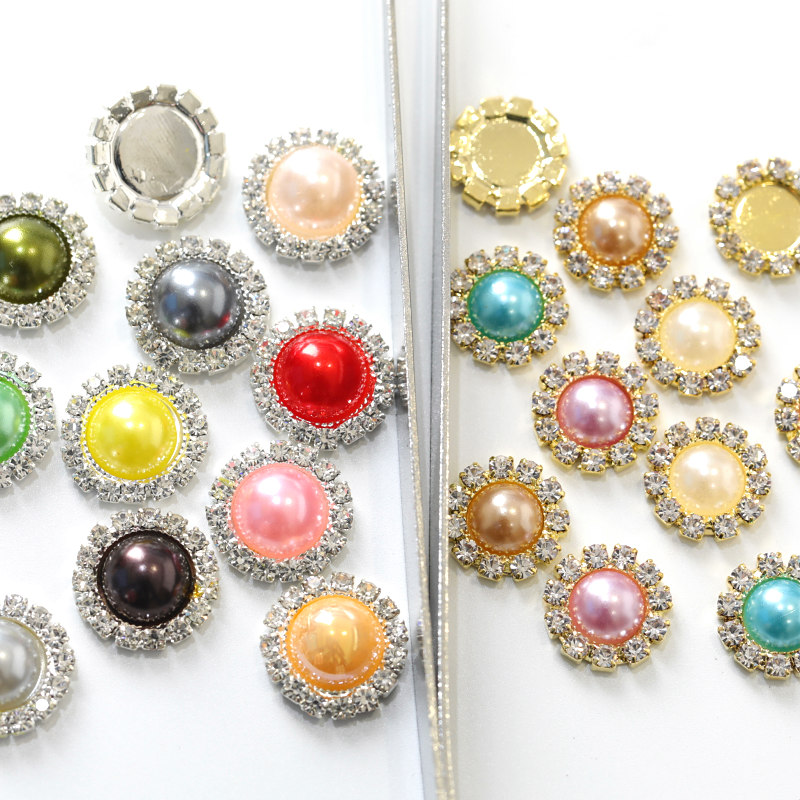 Botón al por mayor del metal de la perla del diamante artificial del color de la mezcla de la fábrica 15mm para los accesorios del pelo